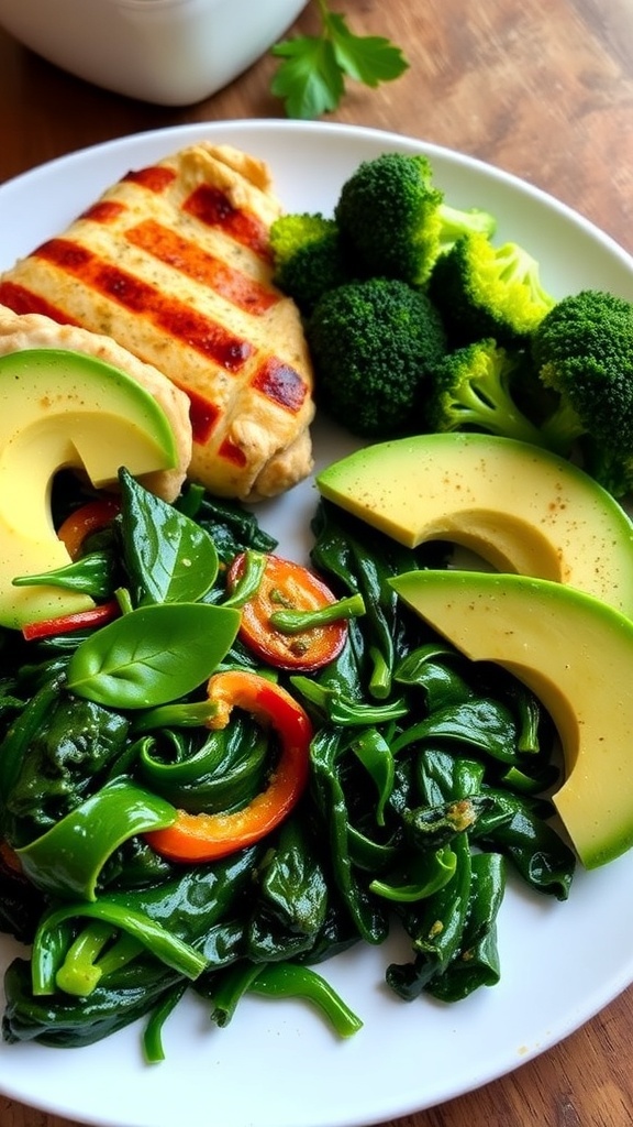 A low carb meal with grilled chicken, spinach, avocado, and broccoli on a wooden table.